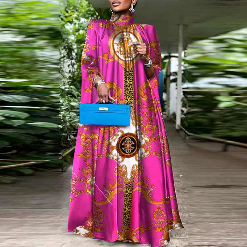 VONDA-Robe longue de soirée à manches chauve-souris, grande taille, col montant, imprimé bohème, 2023