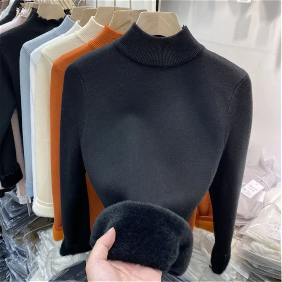 Pull Slim à Demi-Col Roulé pour Femme, Tricot Doublé de Velours, Chaud, Épais, en Jersey Doux, Collection Hiver