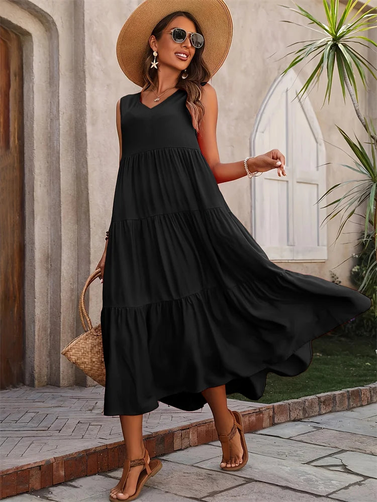 Robe longue d'été décontractée pour femmes, marque de vacances, plage, col en v, ample, élégante, jaune, noir, à volants, 2024