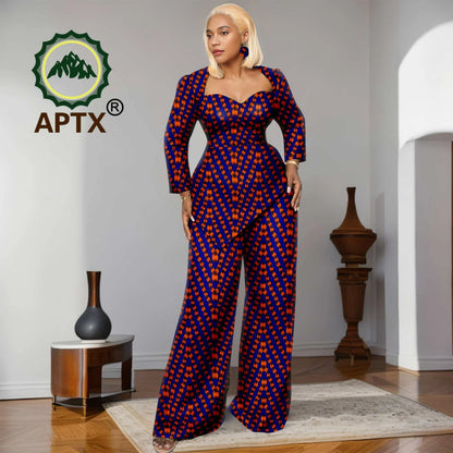 Ensemble deux pièces imprimé africain Ankara pour femmes, haut à manches neuf quarts et pantalon longueur au sol, ensemble décontracté Dashiki avec boucles d'oreilles