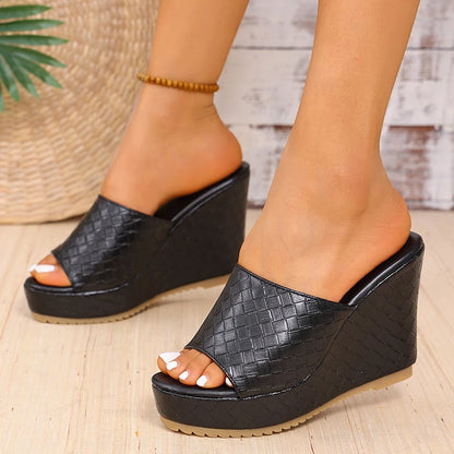 Plate-forme épaisse sandales à talons compensés femmes Sexy Peep orteil noir Pu cuir tissage diapositives femme Super haut talon anti-dérapant Sandalias Mujer
