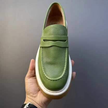 Mocassins en cuir de vachette à plateforme vintage pour hommes, chaussures en cuir véritable, respirant, évider, décontracté, conduite, affaires, été