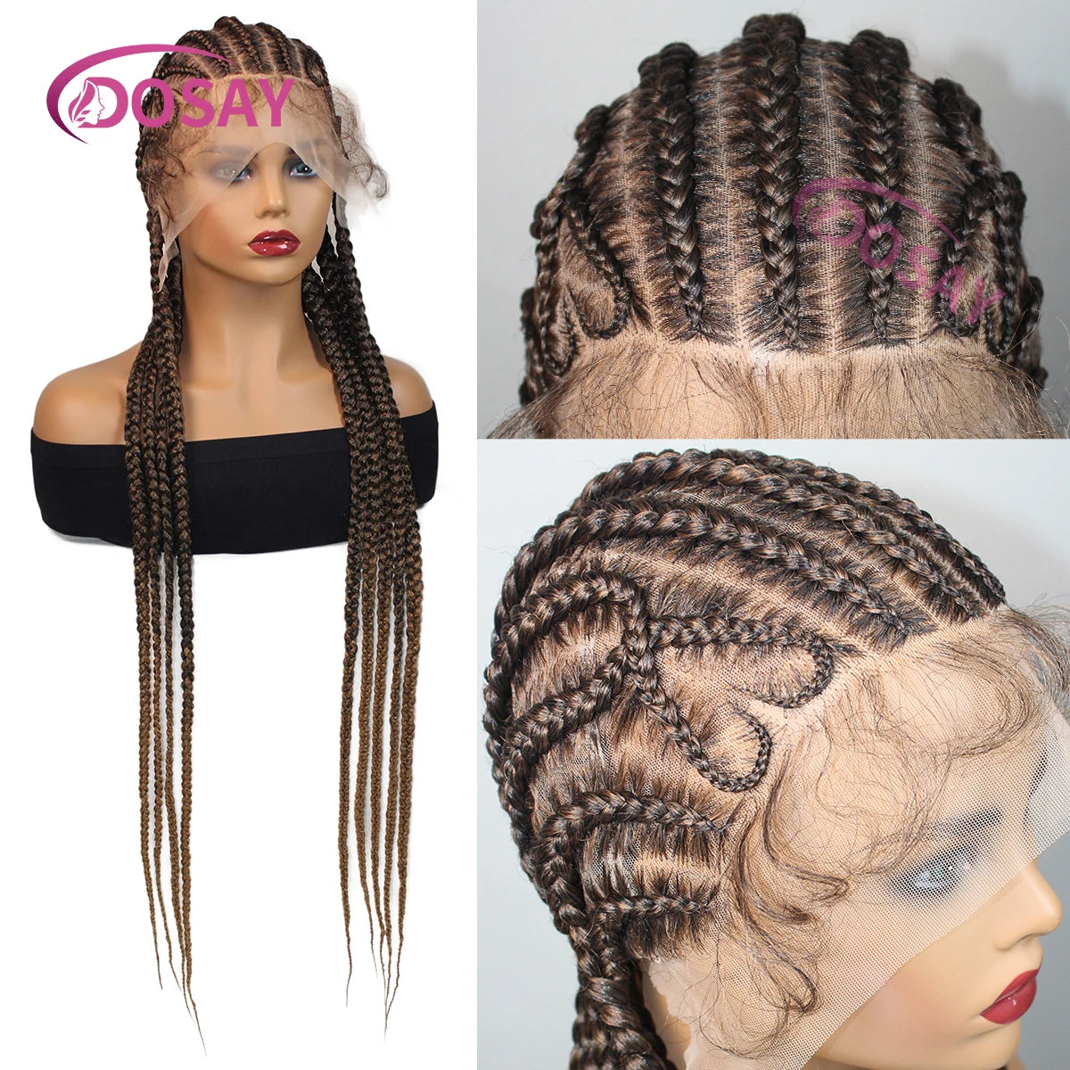 Perruque tressée en boîte sans nœuds en dentelle complète pour femmes-perruque tressée de style boîte de cornrow synthétique en forme de cœur pour un usage quotidien