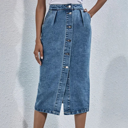 Jupe en jean droite taille haute pour femme, streetwear décontracté, poche, simple boutonnage, longueur genou, tout match, femme, nouveau