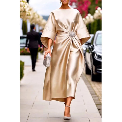 Robe d'invité de mariage élégante pour femmes, Champagne, col rond évasé, manches 3/4, nœud à paillettes, robes mi-longues en Satin pour soirée Cocktail