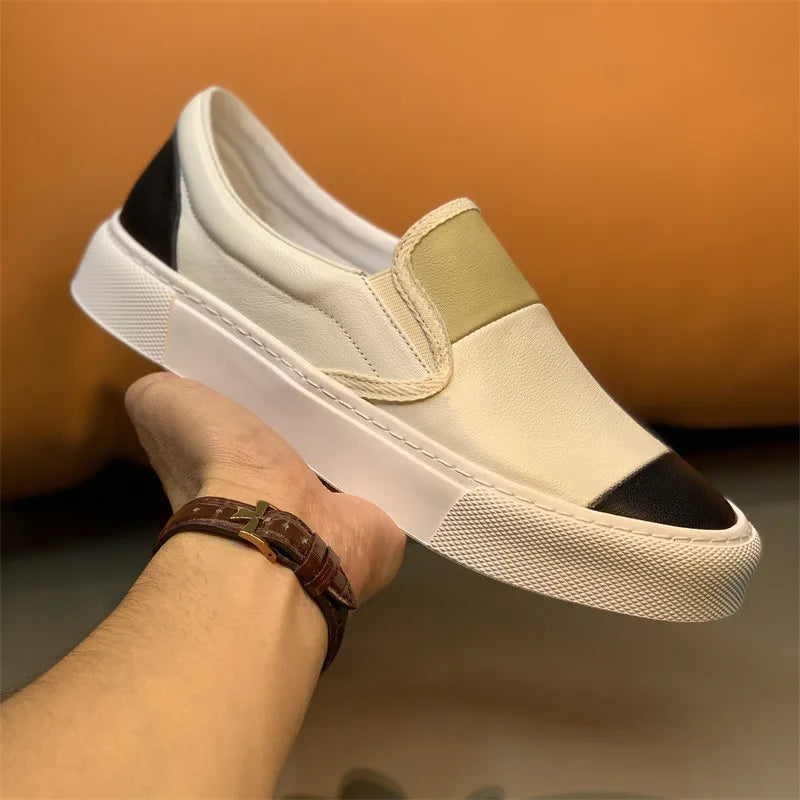 Printemps nouveaux hommes en cuir à semelles épaisses simples et à la mode couleur bloqué chaussures décontractées