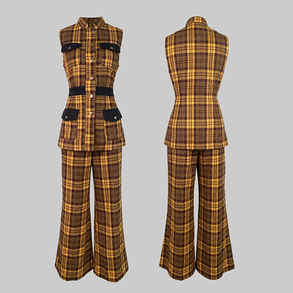 Krisstargirl 2 pièces ensembles tenue pour femmes été automne Plaid vêtements d'extérieur gilet haut pantalon à jambes larges correspondant costumes femme