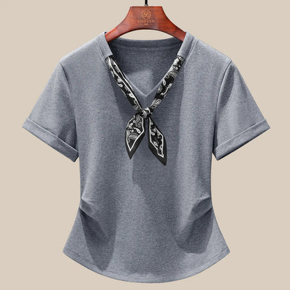 T-Shirt à manches courtes et col en V pour femme, écharpe structurée, épaules froncées, cravate à la taille, amincissante, nouvelle collection 2025
