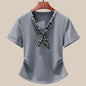 T-Shirt à manches courtes et col en V pour femme, écharpe structurée, épaules froncées, cravate à la taille, amincissante, nouvelle collection 2025