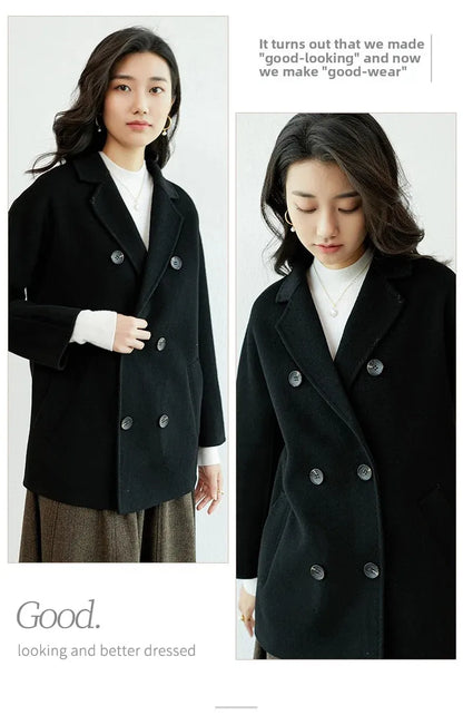 Manteau en laine Double face pour femme, épais, mi-long, col de costume, coupe ample, couleur Pure, polyvalent, nouveau Style automne hiver
