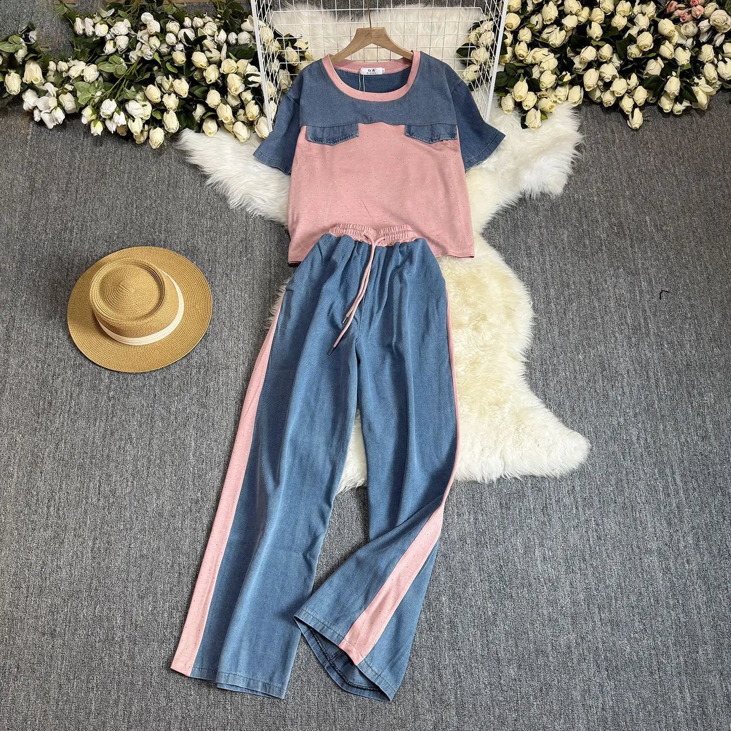 Ensemble deux pièces en Denim pour femmes, ensemble pantalon assorti, Streetwear Y2k, décontracté, perçage à chaud, hauts, jambes larges, pantalons longs, taille haute, 2025