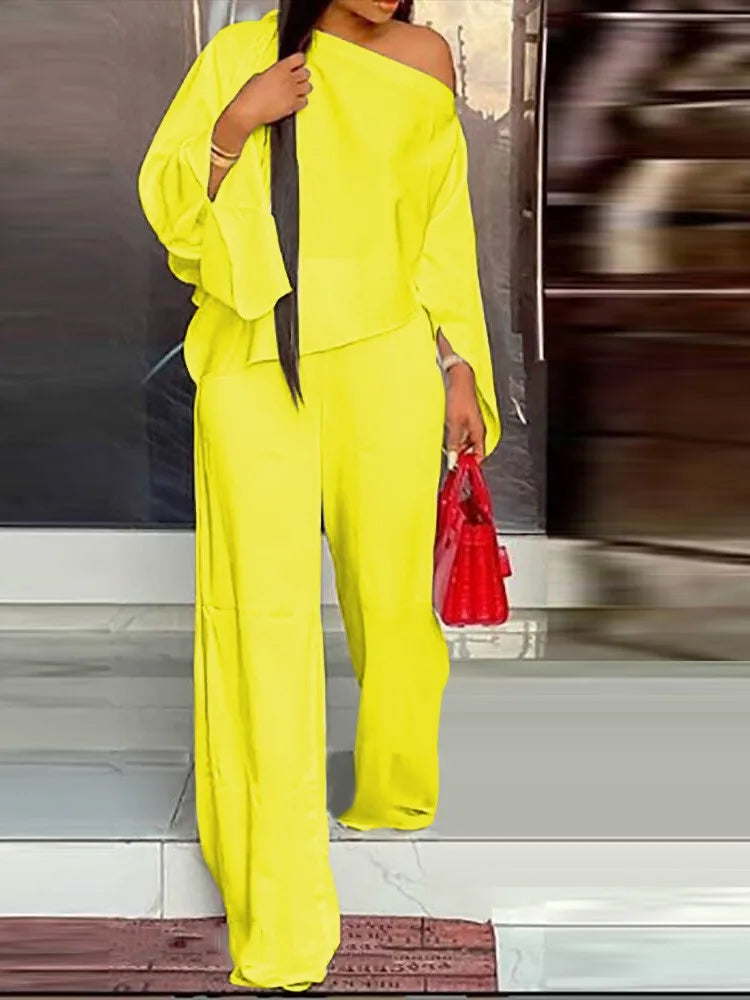 Ensemble Deux Pièces Élégant pour Femme, Couleur Unie, Manches Évasées, Sexy, Blouse, Haut + Pantalon à Jambes Larges, Costumes à la Mode, Automne
