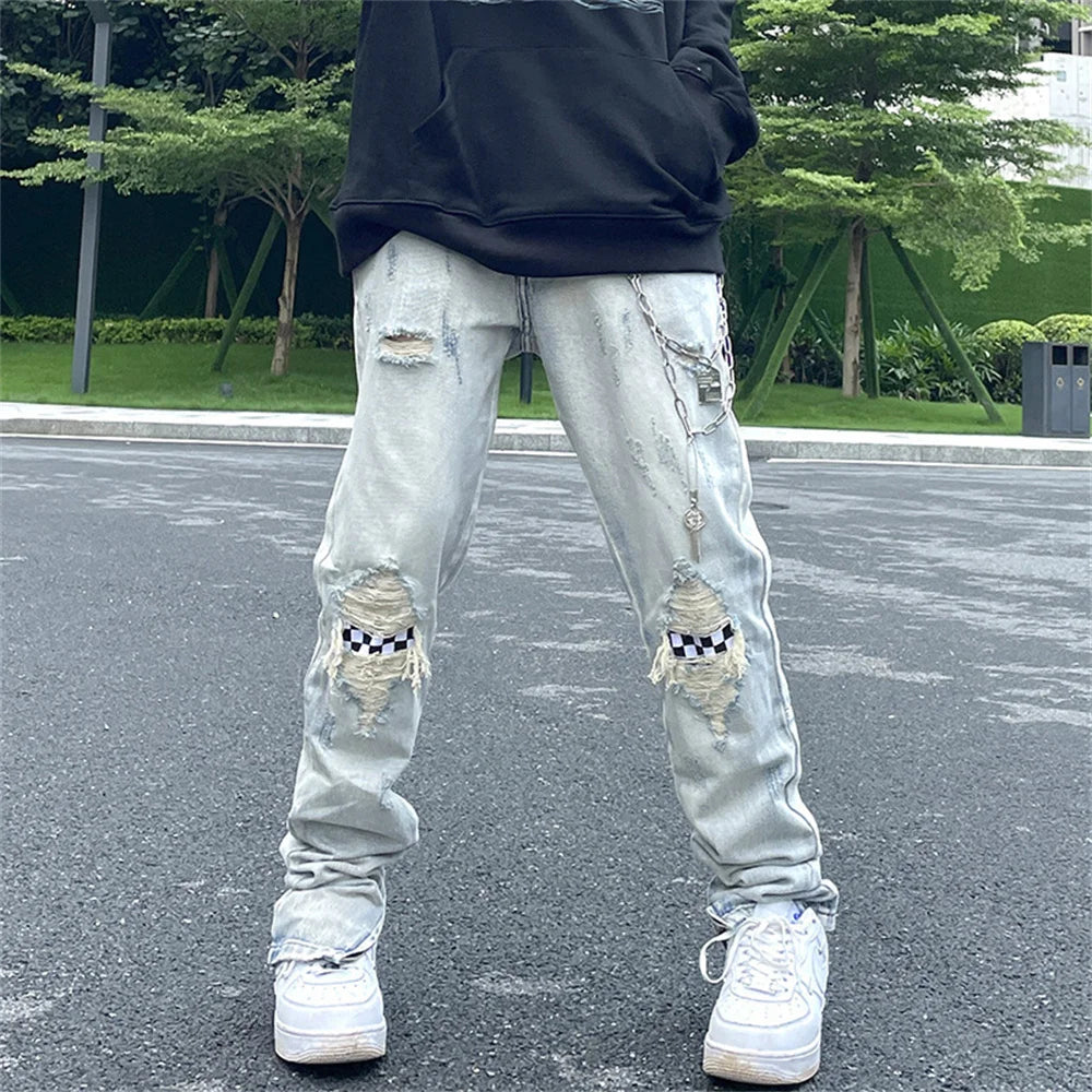 Jean à jambes larges pour homme et femme, streetwear, décontracté, déchiré, troué