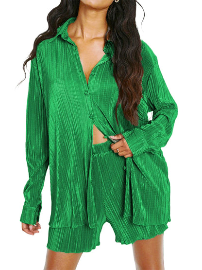 Ensemble de vêtements décontractés pour femmes, chemise froncée à manches longues, boutonnée et short, 2 pièces
