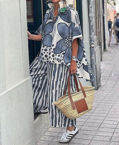 2025 femmes décontracté nouvelle impression ample deux pièces ensembles 2025 printemps et été revers manches courtes ensemble femme mode 2 pièces ensemble