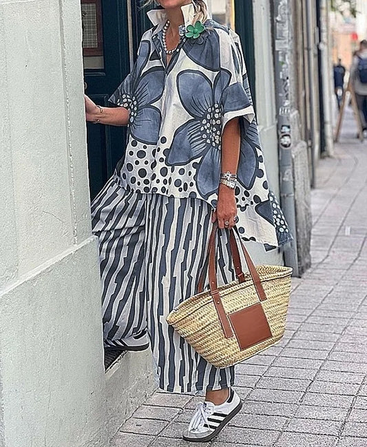 2025 femmes décontracté nouvelle impression ample deux pièces ensembles 2025 printemps et été revers manches courtes ensemble femme mode 2 pièces ensemble