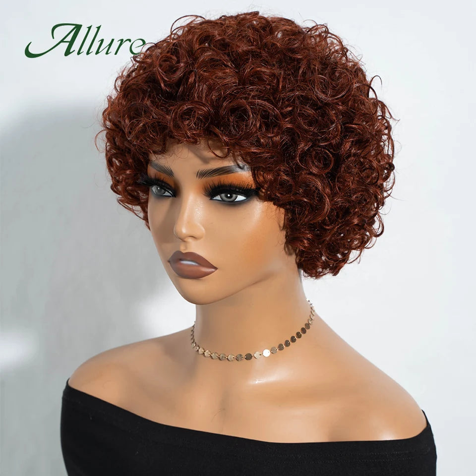 Jerry bouclés perruques de cheveux humains pour les femmes noires 10 pouces court Pixie Afro crépus bouclés perruque avec frange brun couleur cheveux perruques Allure