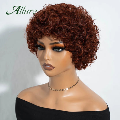 Jerry bouclés perruques de cheveux humains pour les femmes noires 10 pouces court Pixie Afro crépus bouclés perruque avec frange brun couleur cheveux perruques Allure