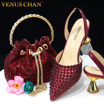 Venus Chan – escarpins à bout pointu pour femmes, chaussures et sacs italiens élégants, couleur vin, ensemble assorti, 2023