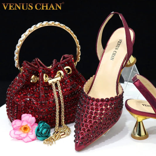 Venus Chan – escarpins à bout pointu pour femmes, chaussures et sacs italiens élégants, couleur vin, ensemble assorti, 2023