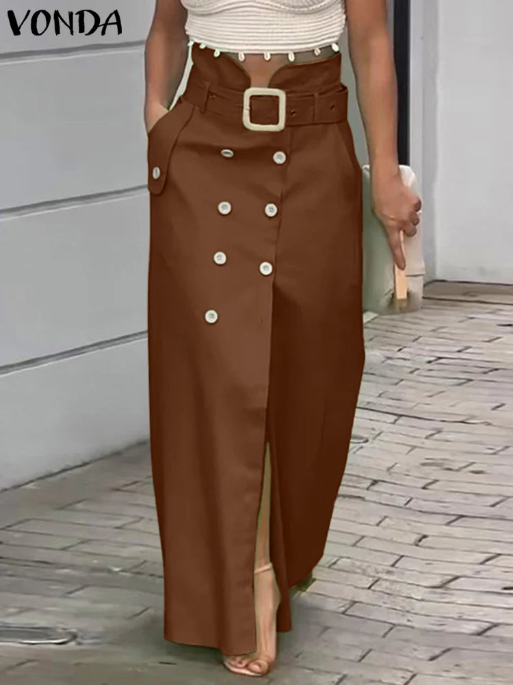 VONDA femmes jupes 2025 décontracté ceinture bouton conception fente longues jupes élégant couleur unie bureau dame bas surdimensionné