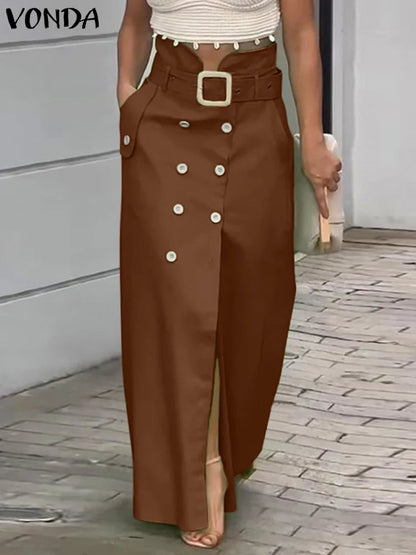 VONDA femmes jupes 2025 décontracté ceinture bouton conception fente longues jupes élégant couleur unie bureau dame bas surdimensionné