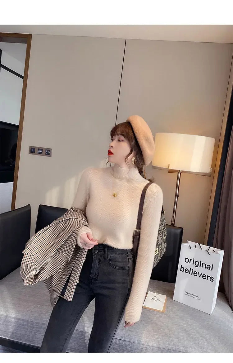 Automne hiver épais Pull femmes tricoté côtelé Pull Pull à manches longues col roulé mince Pull doux chaud Pull Femme 2025