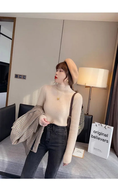 Automne hiver épais Pull femmes tricoté côtelé Pull Pull à manches longues col roulé mince Pull doux chaud Pull Femme 2025