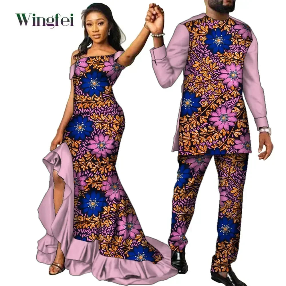 Vêtements de Couple Africains à Imprimé Ankara pour Femme et Homme, Robes sulfMaxi, Dashiki Imbibé, Tenue Amoureux, WYQ567