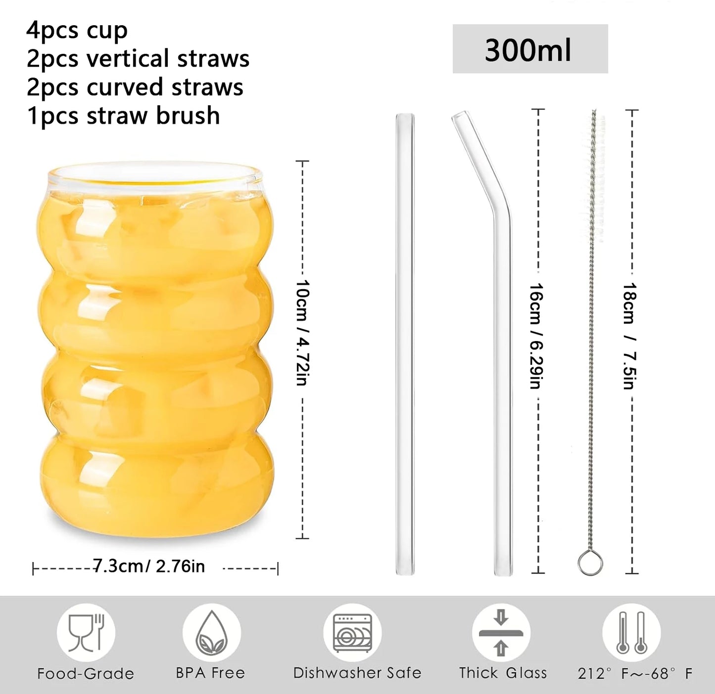 Ensemble de verres à boire créatifs avec pailles, verre de lit, verres à cocktail, tasse à café transparente, standard, fruits, 4 pièces