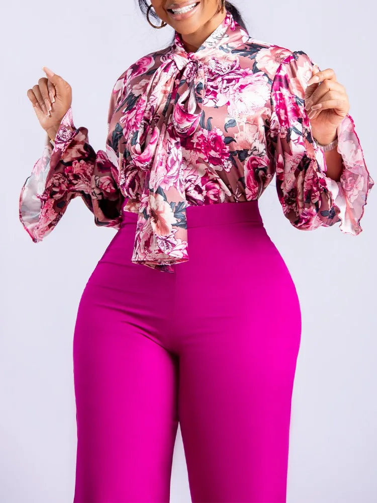 Ensemble chemise à manches longues et pantalon large pour femme, décontracté, imprimé, élégant, mode, automne, hiver, nouveau, 2 pièces