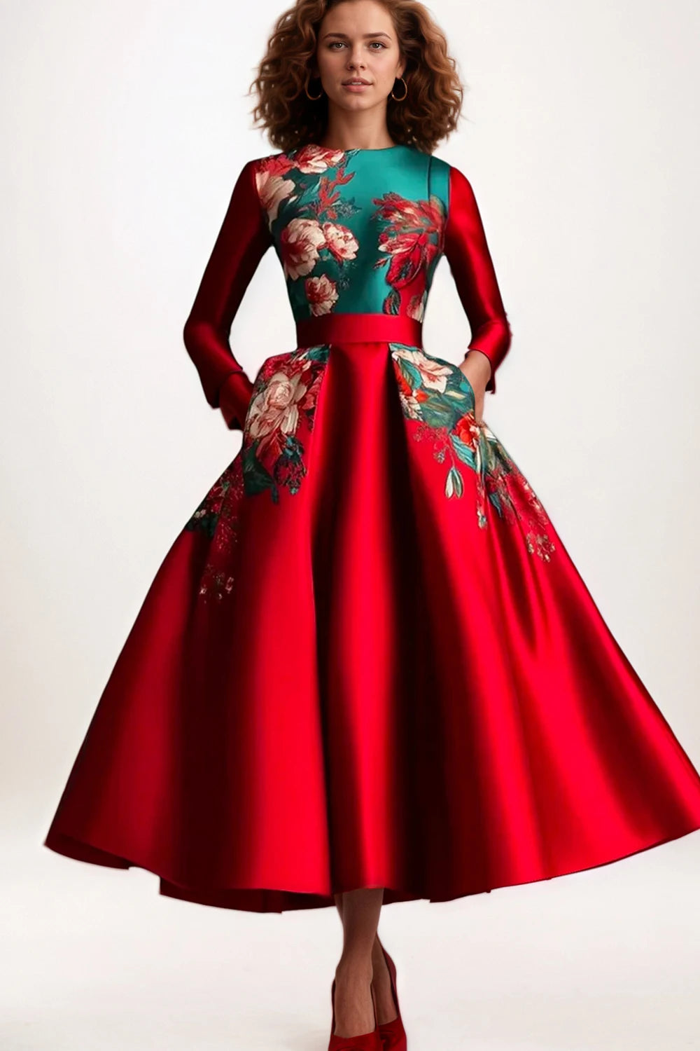 Robe trapèze en Satin pour femmes, élégante, manches longues, col rond, rétro, imprimé Floral, poches, soirée, Club, robes d'invitées de mariage