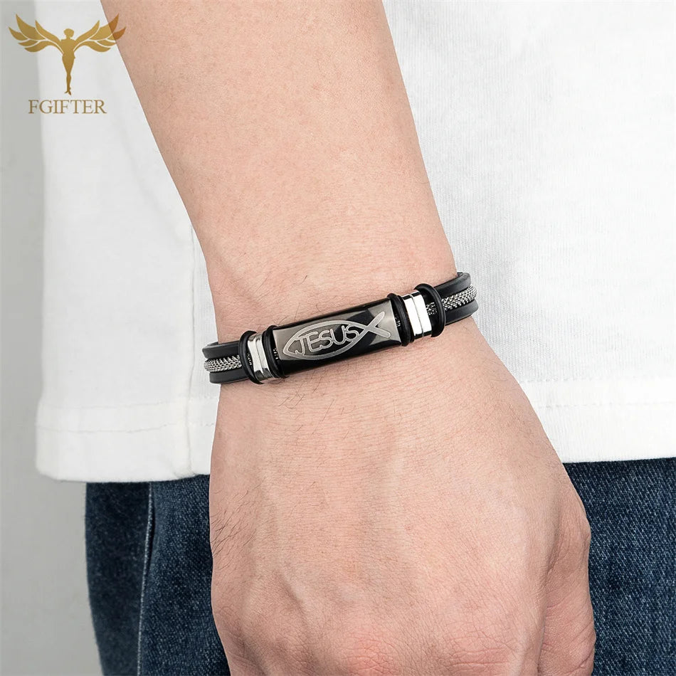Bracelet symbole de poisson de jésus chrétien avec chaîne, manchette en acier inoxydable, en Silicone noir, bijoux d'été pour femmes et hommes