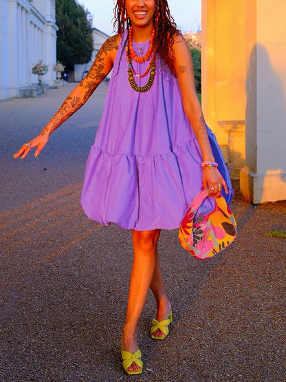 Krisstargirl femmes été bulle Mini robe 2025 taille haute sans manches jupe évasée coton robes courtes décontractées pour femme