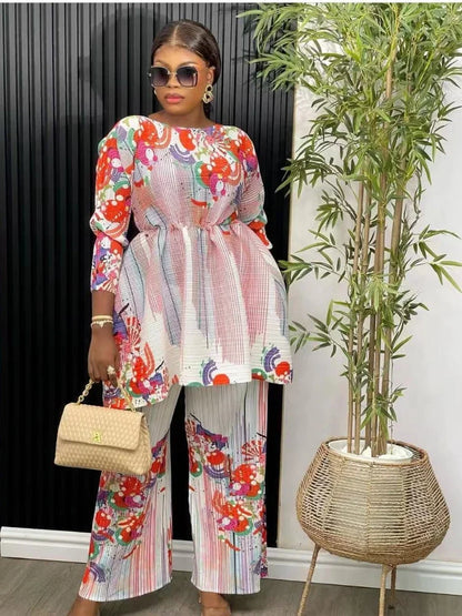 ANLAN-Ensemble Deux Pièces Plissé pour Femme, Imprimé, Manches sulf, Lacets, Taille Ronde, Pantalon Décontracté, Nouvelle Collection Automne 2024, 7YK3519