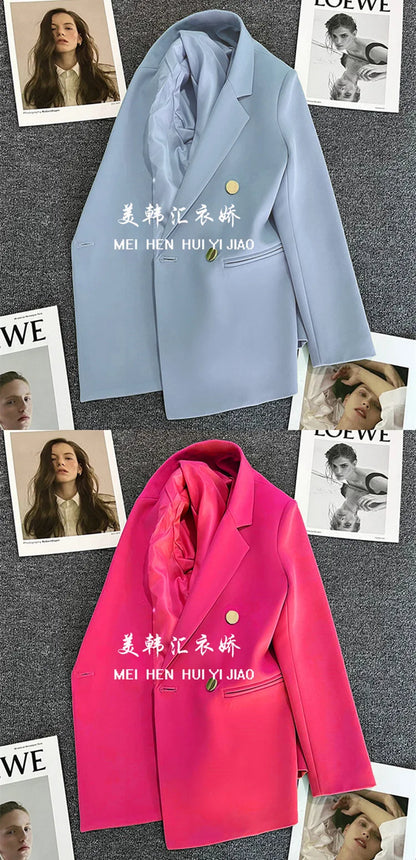 Couleur bonbon OL Blazer printemps automne cranté à manches longues Double boutonnage bouton en métal mince poche Blazer manteaux ZXFS-S602