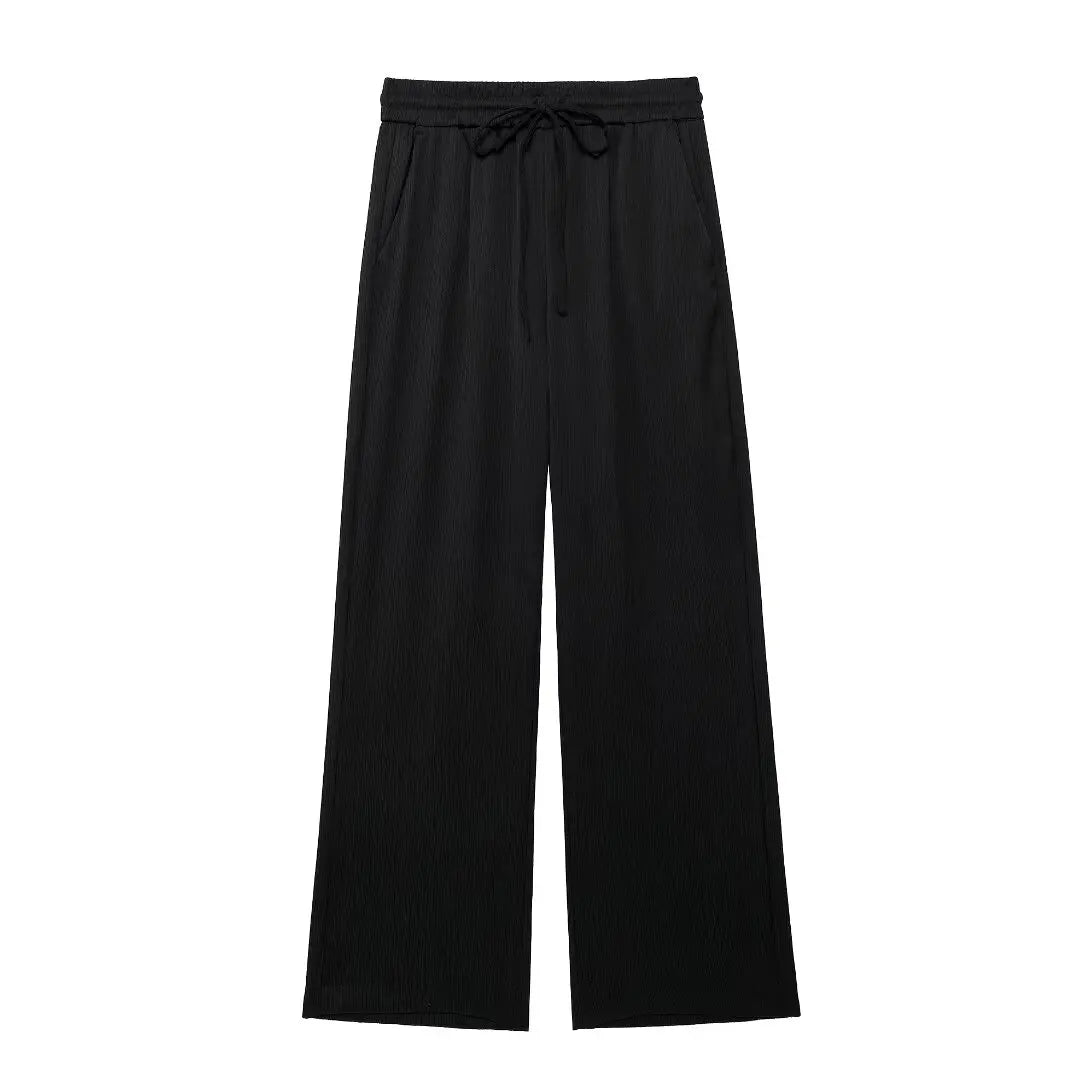 TRAFZA 2025 femmes pantalons décontractés ensemble taille haute pantalon à jambes larges + solide Beige ample glace soie Double boutonnage chemise hauts 2025 à la mode