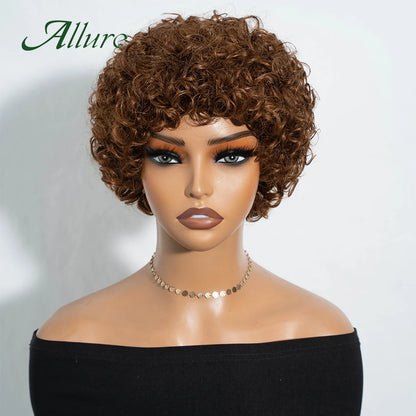 Jerry bouclés perruques de cheveux humains pour les femmes noires 10 pouces court Pixie Afro crépus bouclés perruque avec frange brun couleur cheveux perruques Allure
