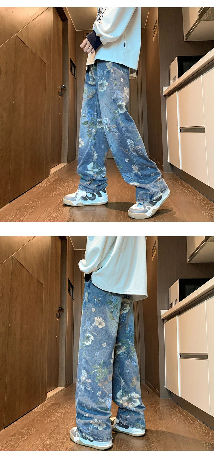 PO gy-Jean à imprimé floral pour homme, pantalon en denim, jambe large, style coréen, rue haute, adt fjHop, automne, 2024