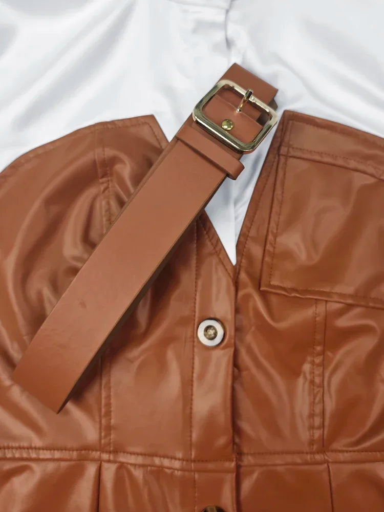 Robe mi-longue à manches longues pour femmes avec boutons, jupe chemise en PU, poche patchwork, ceinture maigre, revers, femme, automne, nouveau, 2025