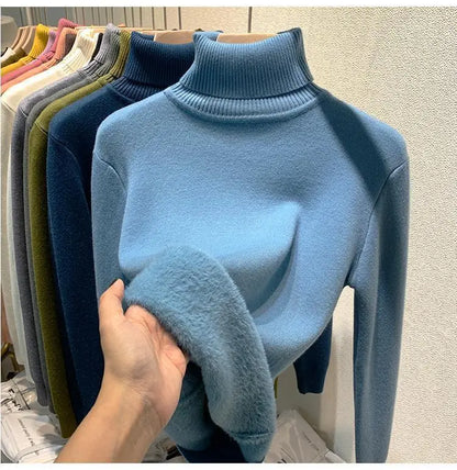 Pull épais à col haut pour femme, haut d'hiver chaud et doux, couleur unie, vêtements intérieurs, chemise à bascule, nouvelle collection 2025