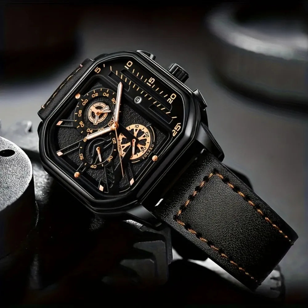 Montre carrée de luxe à grand cadran pour hommes, bracelet en cuir PU décontracté, montres de sport pour hommes