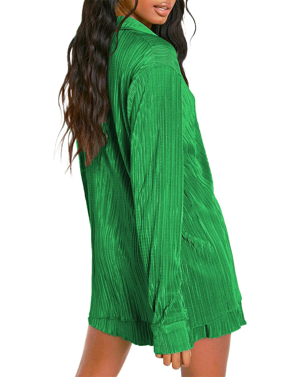 Ensemble de vêtements décontractés pour femmes, chemise froncée à manches longues, boutonnée et short, 2 pièces