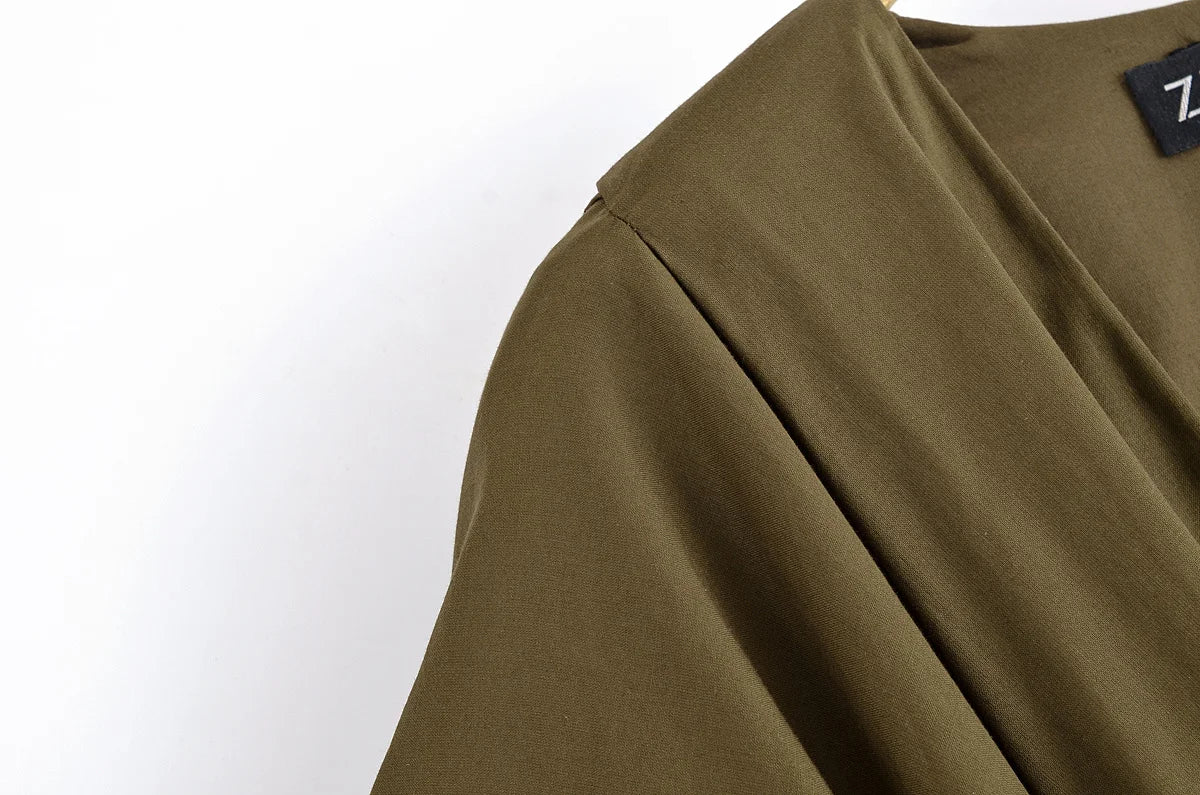 TRAFZA femmes mode d'été col en v à lacets Midi robe à manches courtes femme élégante dos nu plissé Sexy taille longue robe