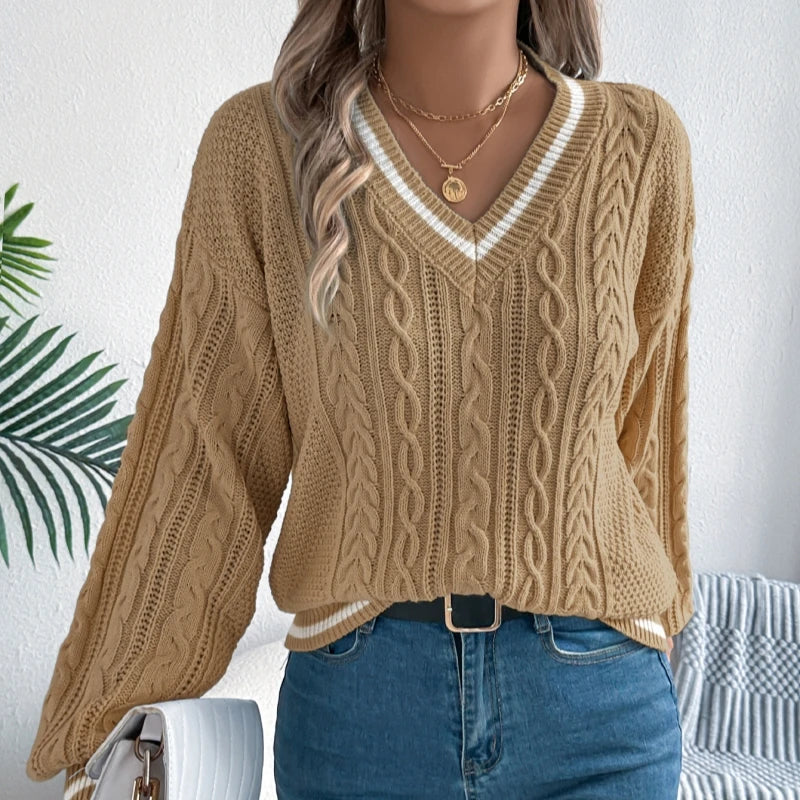 Automne hiver col en v pull pull femmes mode couleur bloc pulls Style Streetwear lanterne à manches longues tricoté chandails