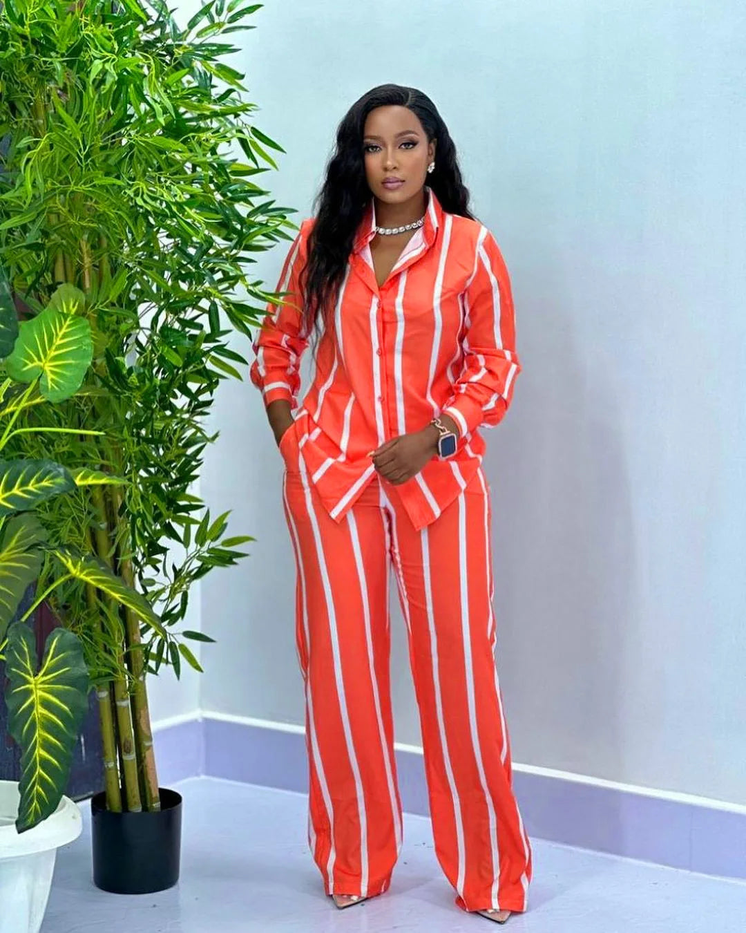 Chemise à manches longues rayée imprimée pour femme, revers élégant, taille élastique, jambe large, pantalon, ensemble 2 pièces, mode automne, nouveau, 2024