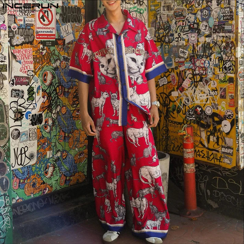 INCERUN hommes ensembles impression Patchwork revers manches courtes chemise et pantalon deux pièces ensembles été ample vacances décontracté hommes costumes