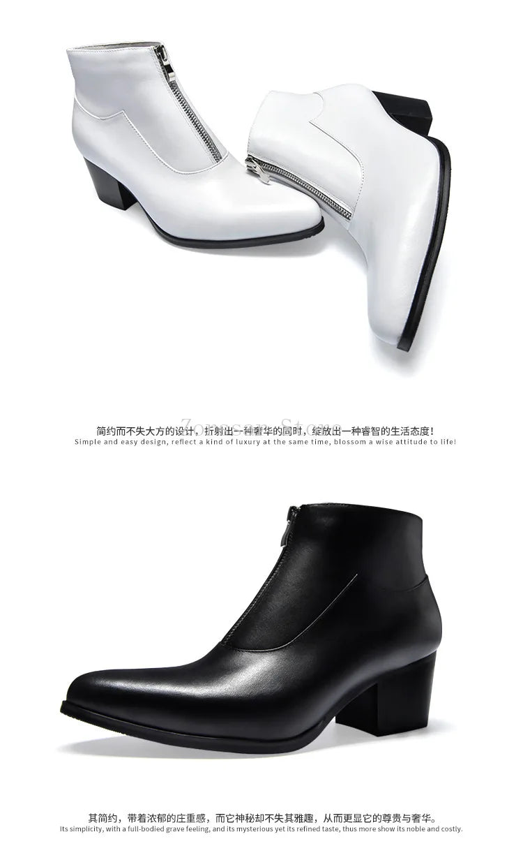 Bottines de luxe en cuir véritable pour hommes, talons hauts de 6 Cm, chaudes, noires et blanches, bottes sociales pour fête de mariage, chaussures habillées, hiver 2024