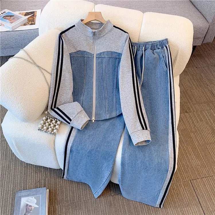 Ensemble pantalon femmes deux pièces ensembles Denim épissure fermeture éclair ensembles assortis manteaux décontractés jambe large pantalons longs à lacets taille élastique 2025