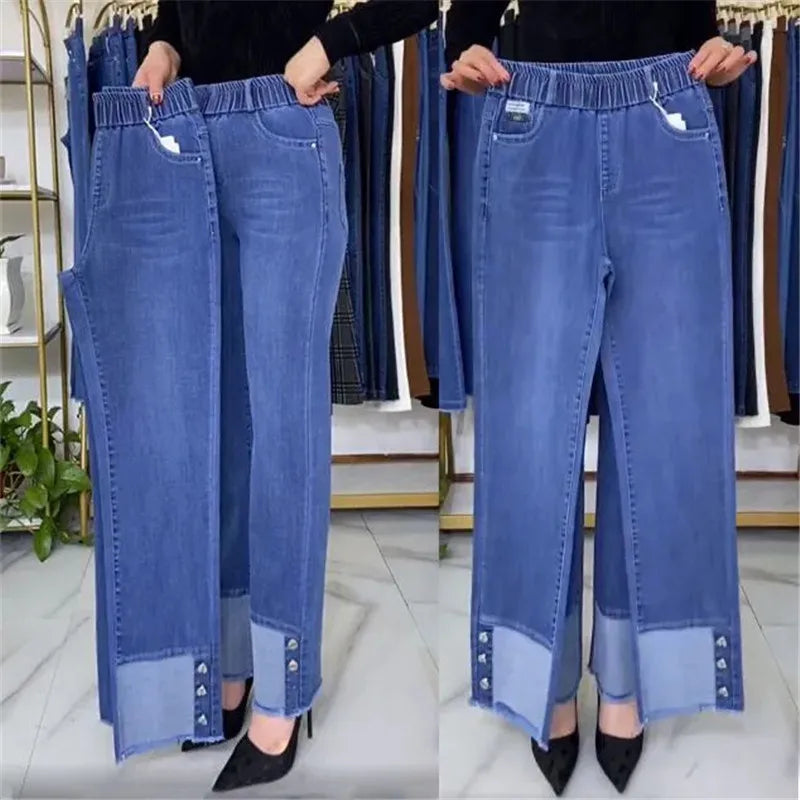 Jean femme d'âge moyen printemps automne taille extensible pantalon en Denim droit grande taille ample taille haute décontractée noir bleu pantalon